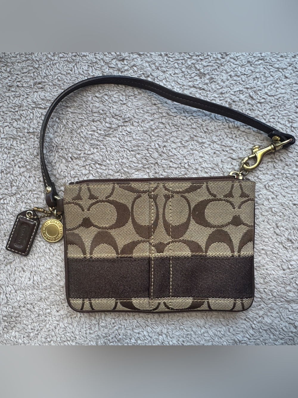 Coach Brown Signature Canvas Wristlet with Gold-Tone Charm